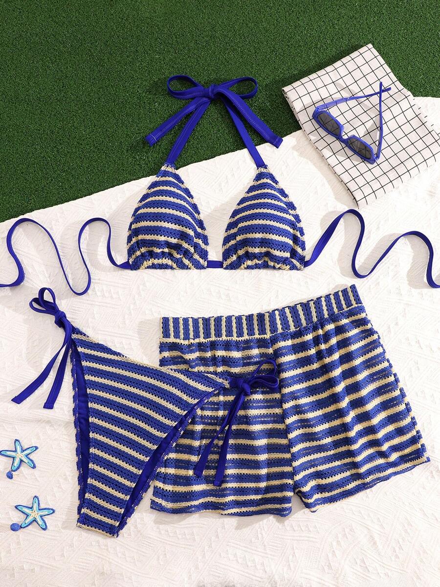 SHEIN Swim Curve 大尺碼藍色條紋針織掛脖綁帶側邊比基尼套裝 無袖短款休閒泳裝 結飾設計 - 藍色 - 查看 1