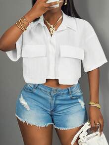 Slaydiva 2025 新款女士休闲街头口袋短袖衬衫领宽松短款白色落肩衬衫女式衬衫、春夏、休闲日常装、音乐节 - 白色 - 查看 5