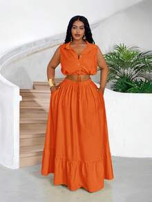 Slaydiva Setelan 2 Potong Wanita Ukuran Plus Terbaru 2025: Tank Top Pendek & Rok A-Line, Pakaian untuk Berpergian - Jeruk - View 6