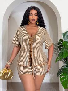 Slaydiva Spring/Summer Elegant Commute & Casual, Birthday Party, Graduation, Student, Daily Outing, Basic Versatile, Leisure, Vacation, Cruise Travel, Beach, Sunbathing, Crochet Pattern Two Pieces Set: Hip Length Top With Drawstrings And Elastic Waist Shorts - Khaki - View 3