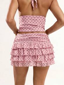 Falda de moda con volantes plisados y con estampado de lunares para mujer - Verde - Ver 9