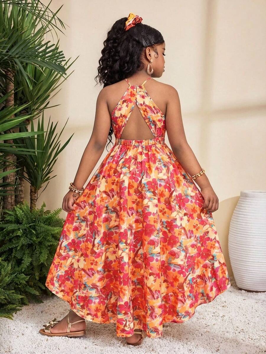 SHEIN 少女休闲度假复古图案无袖短前长后摆连衣裙 - 彩色 - 查看 1