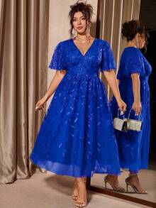 Allurite Plus Size Elegant V-Neck Mesh Sequin Ruffle Hem Party Dress, Red - Blue - View 8