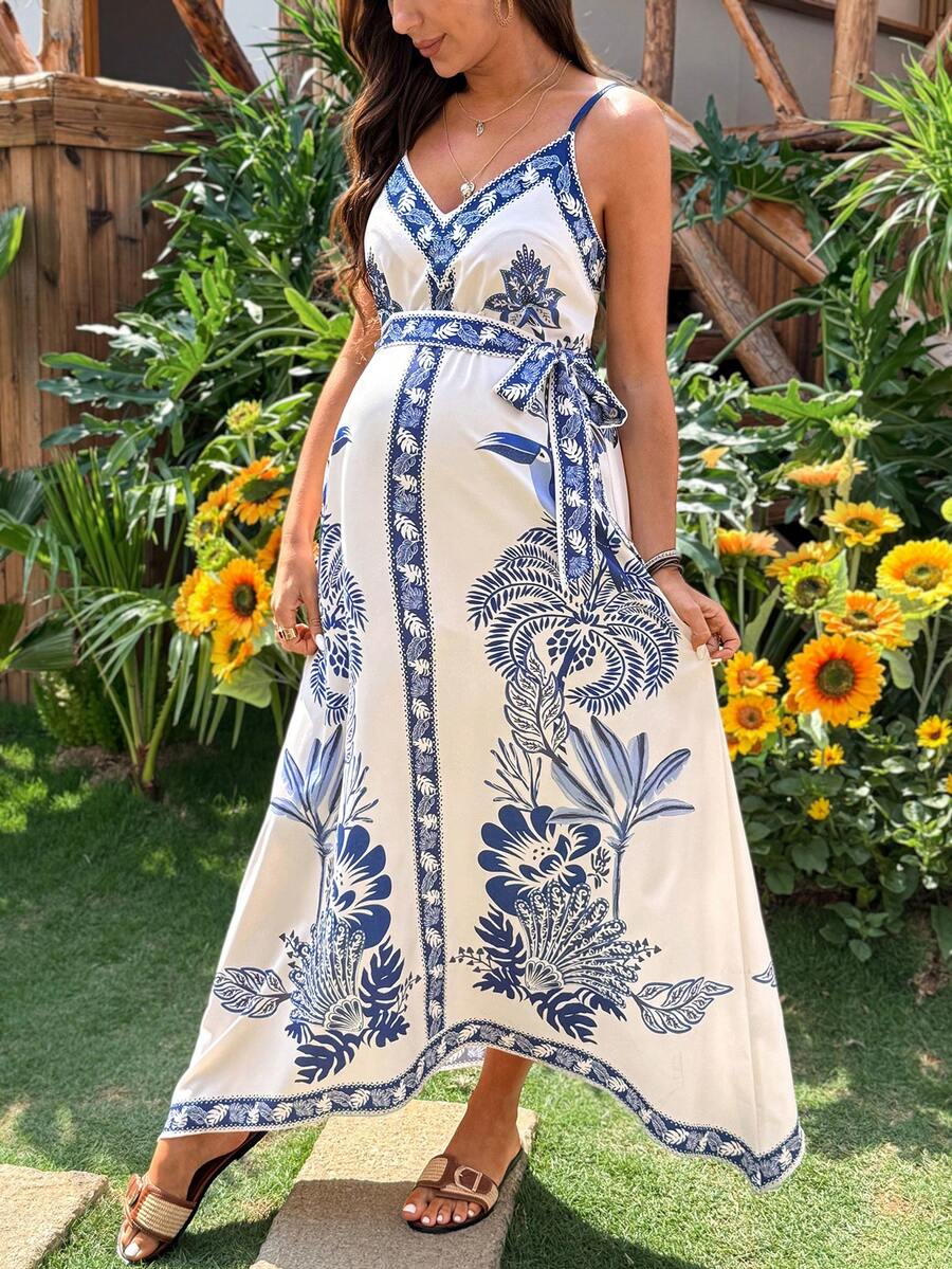 SHEIN Đầm bầu in hoa, thắt eo, kiểu dáng thường ngày, thích hợp cho kỳ nghỉ. - Nhiều màu - Xem 1