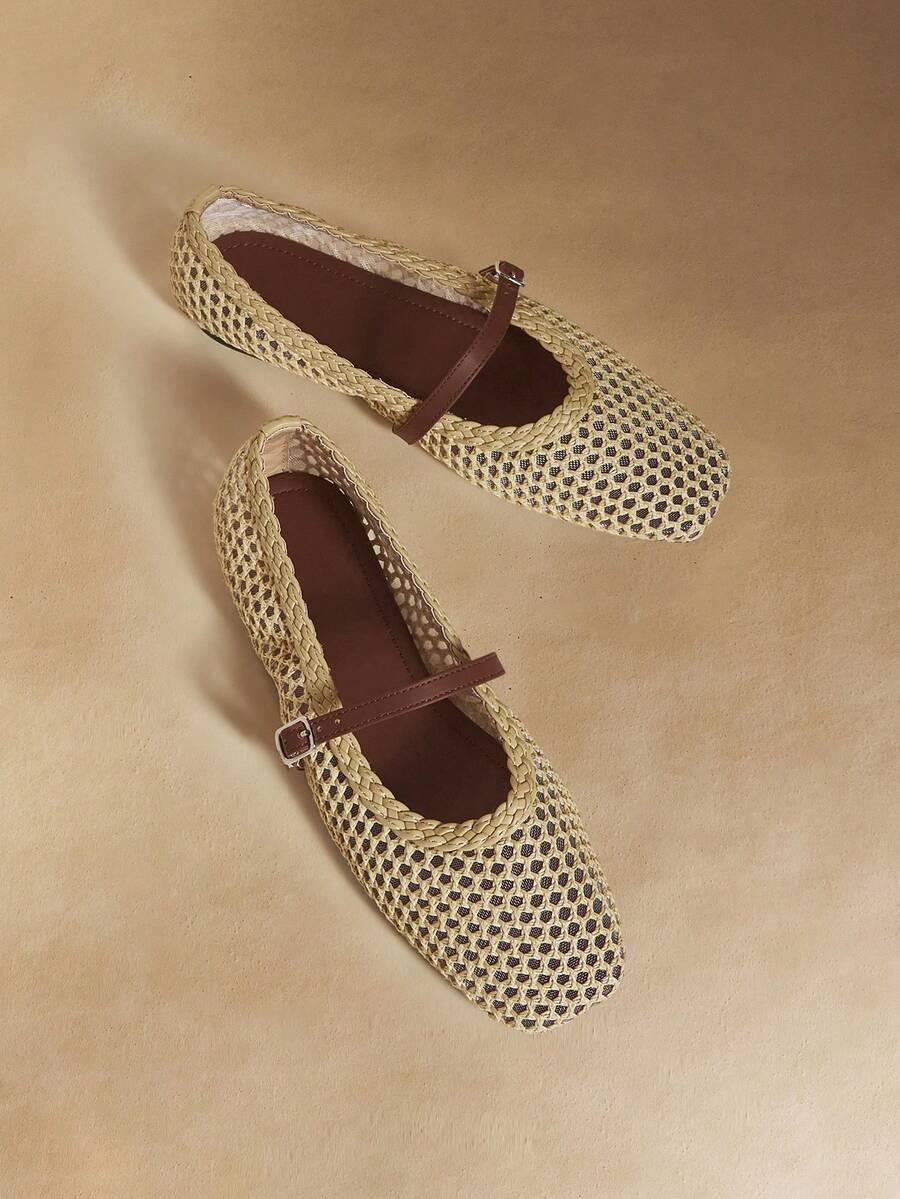 Rosivie Stylish And Exquisite Mesh Hollow Flat Women's Shoes, Fashionable And Comfortable, French Square Toe Elegant Flat Shoes - Naturals 2 - View 1