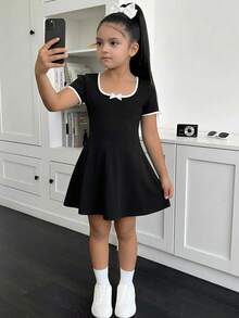 SHEIN Tween Girls' Black Knit Casual Bow Decor Waist Cinched A-Line Short Sleeve Dress, Summer - Black and White - View 1