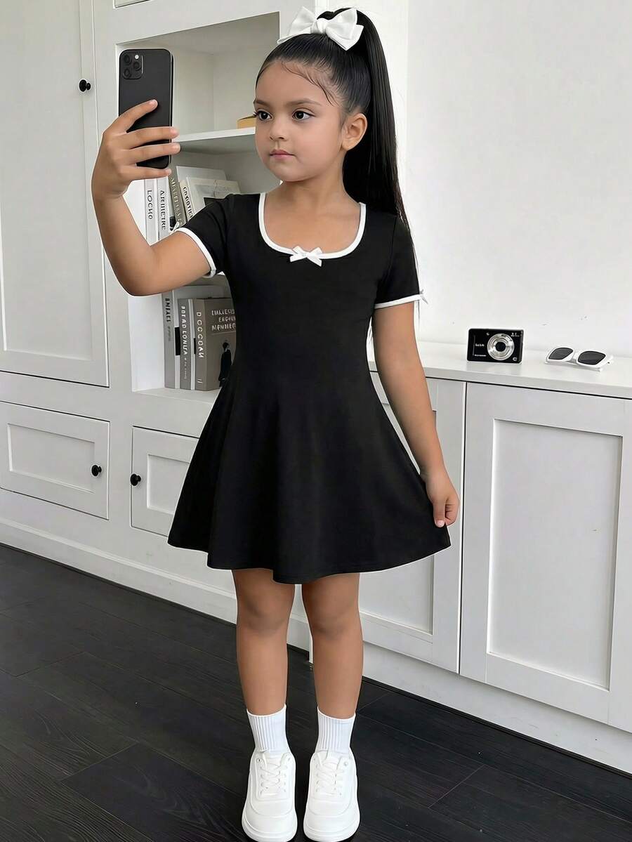 SHEIN Tween Girls' Black Knit Casual Bow Decor Waist Cinched A-Line Short Sleeve Dress, Summer - Black and White - View 1