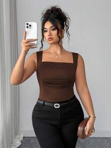 Elenzga Plus Size Summer Casual Solid Color Square Neck Knit Tank Top - Brown - View 3