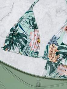 Swim Lushoire Trajes de baño para mujer de verano, paquete de 3 piezas con estampado tropical aleatorio, bikini con escote halter y cordón lateral - verde menta - Ver 5