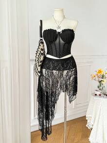 SHEIN EZwear Chân váy ren xuyên thấu dáng bất đối xứng cỡ lớn, thích hợp cho lễ hội âm nhạc, bãi biển hoặc kỳ nghỉ, màu đen. - màu đen - Xem 3