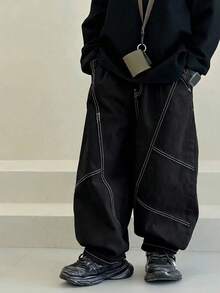 SHEIN Little Byeori 儿童/男童休闲日常舒适贴袋撞色宽松直筒工装裤，适合上学、花园、海滩、生日、春、夏、秋、冬等各种场合，黑色牛仔裤，工装裤，宽松牛仔裤，男童服装，校服，宽松裤，卡其裤，阔腿裤 - 黑色 - 查看 6
