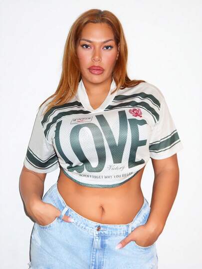 MelDlgn Áo thun lưới tay ngắn cổ chữ V rộng rãi cho nữ cỡ lớn 5, thời trang dạo phố/trở lại trường/áo crop top/áo lưới/áo thun Y2K/in chữ tình yêu, phù hợp cho thể thao/mùa hè