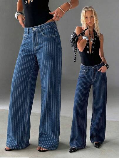 TRNVIE Casual Striped Low-Waist Straight Leg Jeans