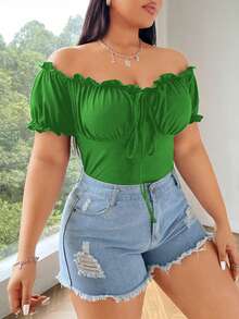 Flirla Camiseta casual y versátil de diario para mujer talla grande, de unicolor, con hombros descubiertos y fruncido con retorcido - Verde - Ver 3