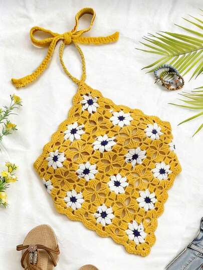 Trelyra Women's Vacation Colorblock Floral Halter Knit Backless Blouse