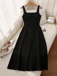 Ellevyn Contrast Trim Square Neck A-Line Waist Elegant Romantic Vacation Dress - Black - View 8