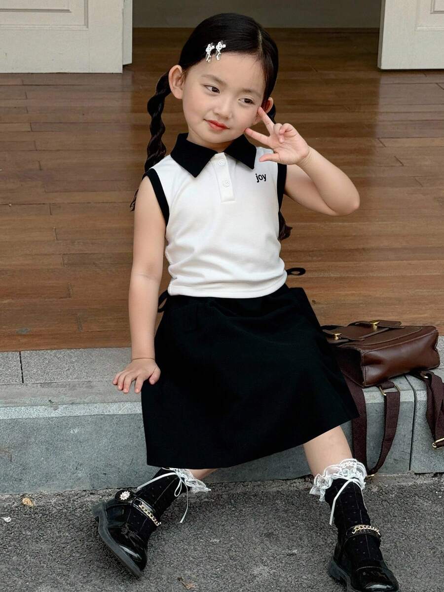 Dazy Kids 夏季女童撞色拼接吊带背心和裙子套装 - 黑與白 - 查看 1