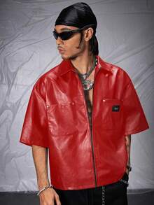 AXEPEAK Áo sơ mi nam tay ngắn, chất liệu da PU, thêu chữ, dáng rộng, dệt kim. - Đỏ - Xem 2