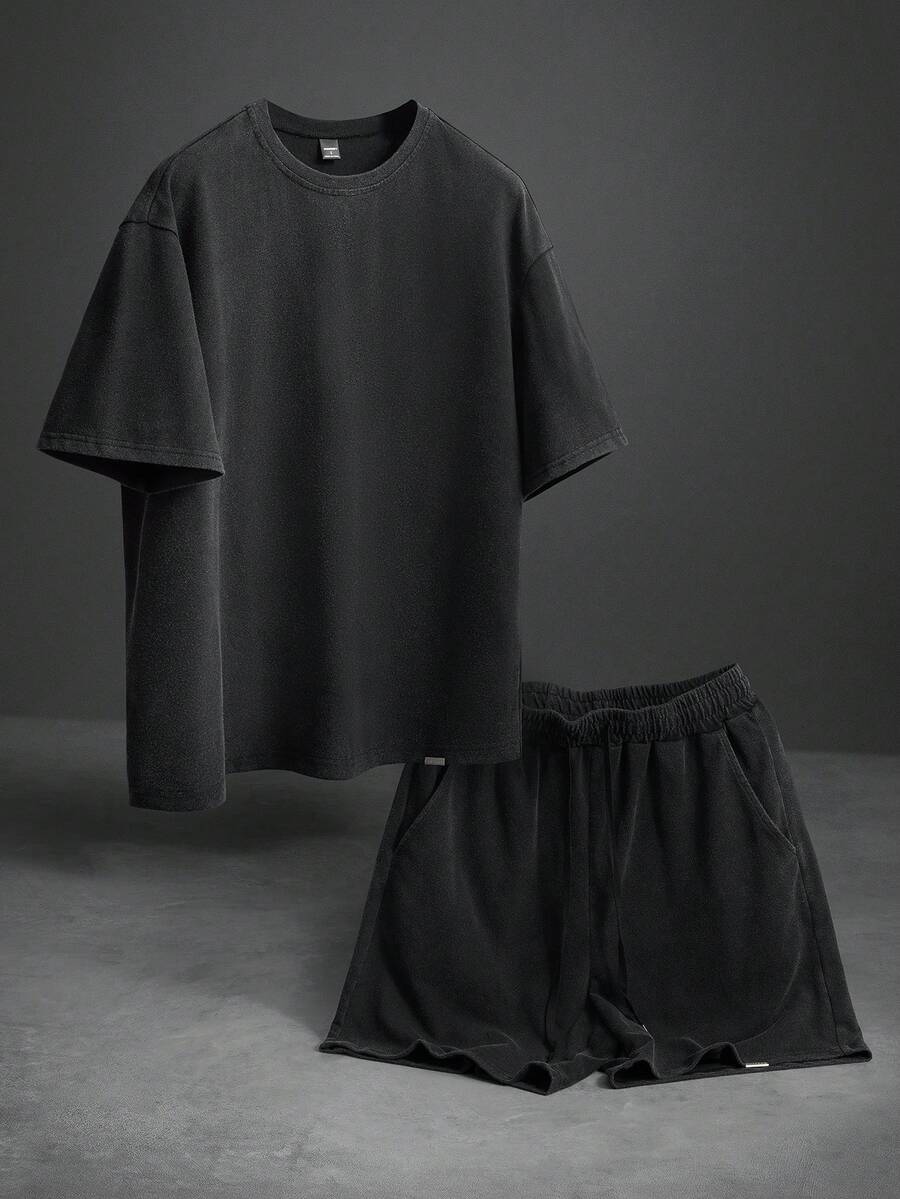 PAVTROS Men's Casual Street Style Outfit, Distressed Fabric, Loose Fit T-Shirt And Drawstring Waist Shorts - Black - View 1