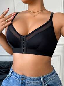 Áo ngực cỡ lớn cài phía trước, màu trơn, phối lưới. - màu đen - Xem 3