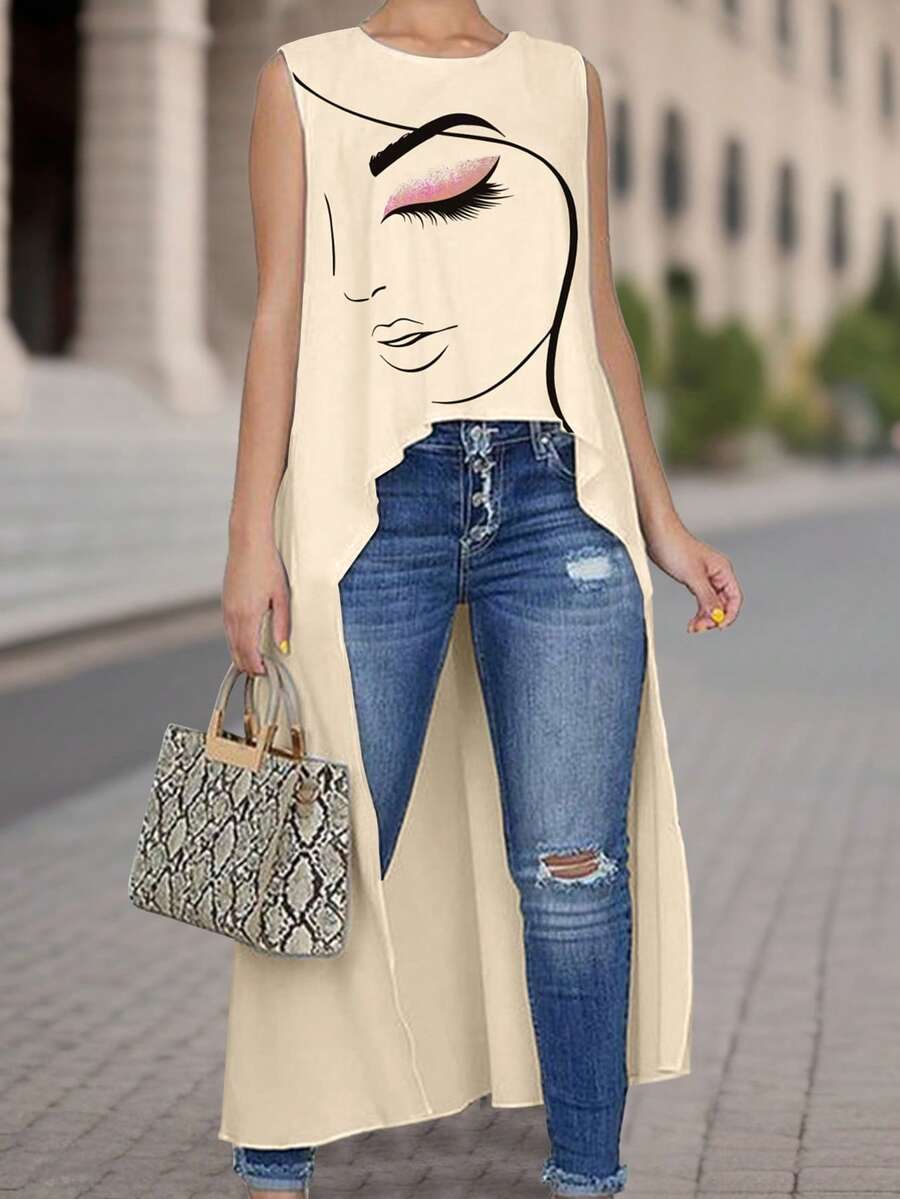 Ellegaria. 抽象人脸印花无袖A字前短后长女式衬衫 - 杏色 - 查看 1