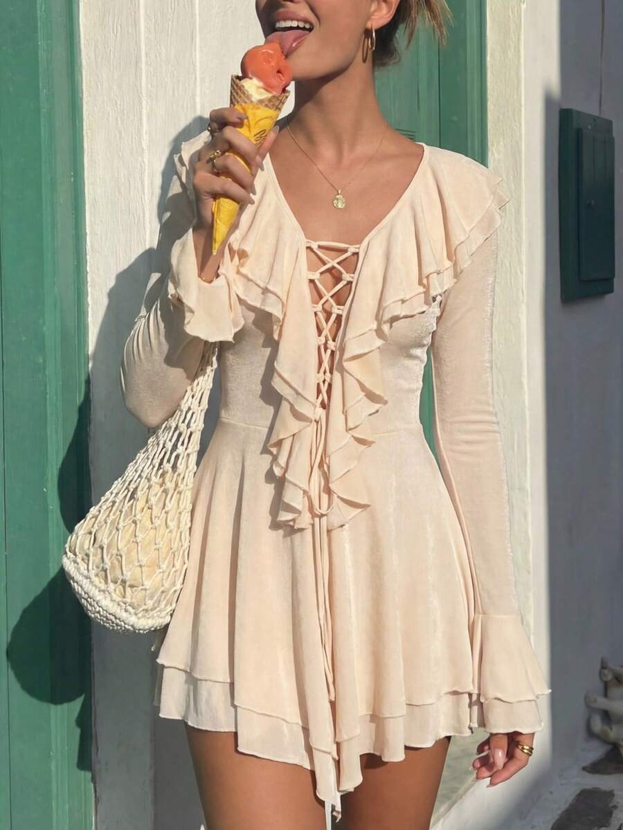 Lumalex 女士优雅性感杏色双层荷叶边领蝴蝶结设计修身迷你连衣裙，长袖，春秋