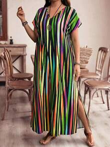 EMERY ROSE 大码女式条纹撞色侧边反光条纹长款沙滩度假连衣裙 - 綠色 - 查看 5