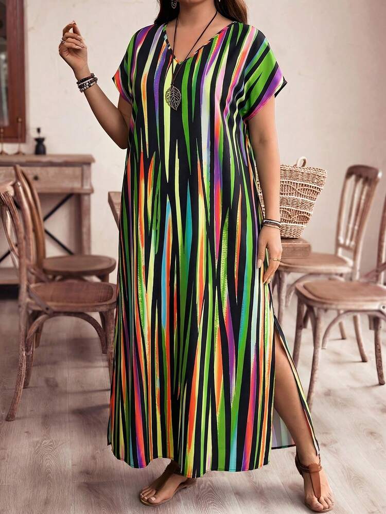 Plus Size Women's Striped Color Block Side Reflected Color Striped Maxi Long Beach Dress For Vacation Summer Dress  Summer Outfits Summer Clothes Spring Dress Spring Outfit Women Spring Clothing Floral Dress Floral Dresses For Women Beach Vacation Outfits For Women Vacation Dress Bohemian