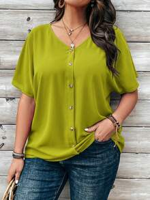 Rosumi Plus Size Women's Orange Button Embellished Short Sleeve Shirt For Spring - Green - View 2