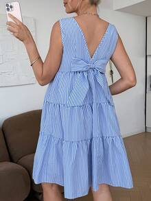 SHEIN Maternity Summer Casual Vacation Striped Print Sleeveless Tiered Hem Dress, Suitable For Daily Commute Blue And White Striped Dress Maternity Summer Dress Pregnant Outfits Summer Summer Casual Dress Nursing Dress Tie Back Dress Tiered Mini Dress Vacation Dress - Blue and White - View 2