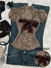 Glimmora 豹纹系带泡泡袖衬衫 - 彩色 - 查看 1