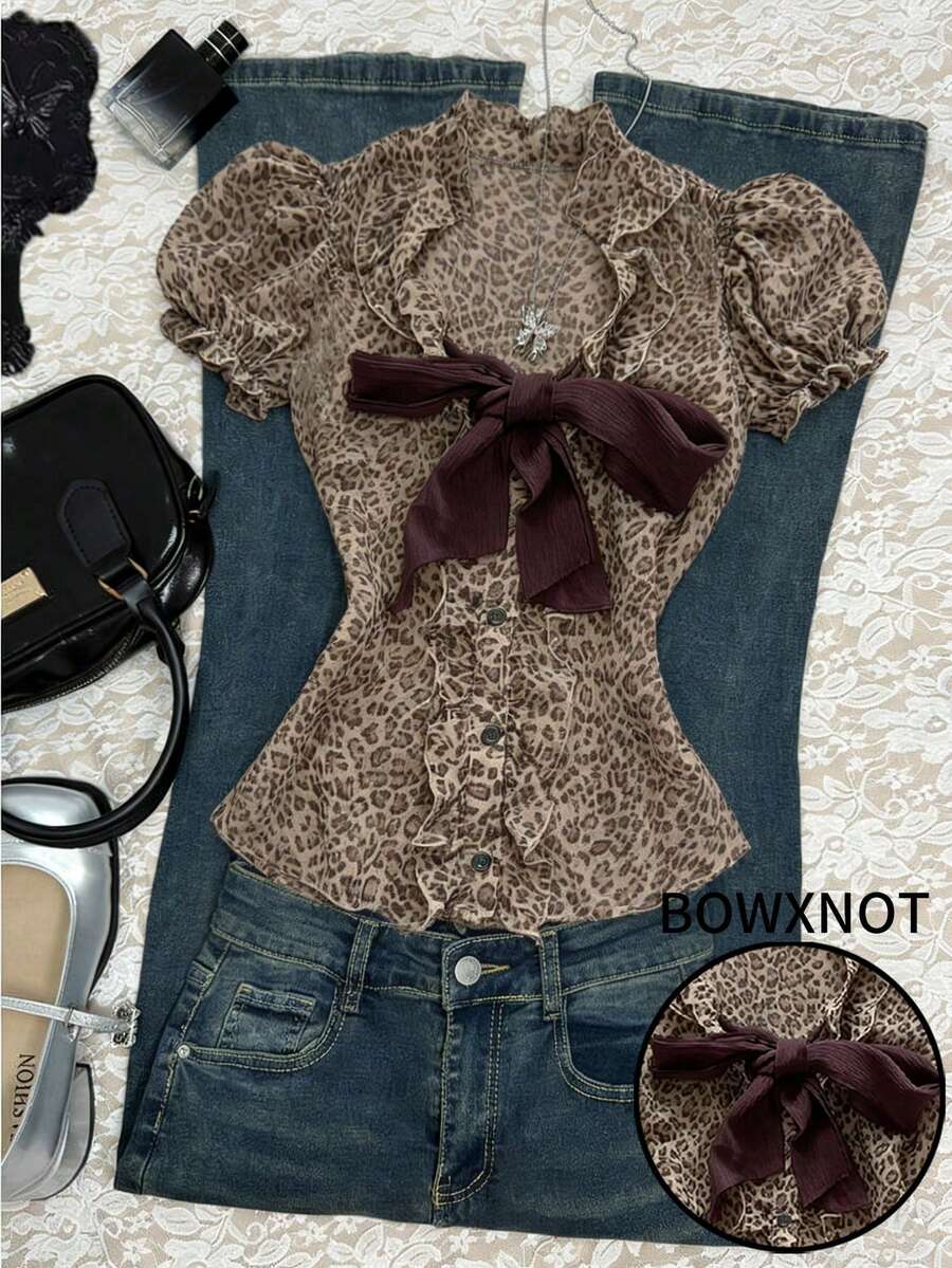 Glimmora 豹纹系带泡泡袖衬衫 - 彩色 - 查看 1