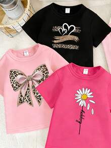 2pcs/Set Baju dan Legging Kasual Chic Motif Leopard dengan Pita untuk Anak Perempuan, Nyaman untuk Dipakai Sehari-hari di Musim Semi, Musim Panas, dan Musim Gugur - MultiWarna - View 5