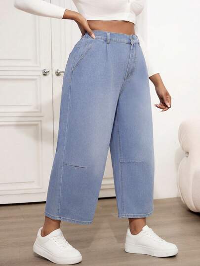 SHEIN Tall CURVE Plus Size Women's Summer Casual High Waist Culotte Jeans Light Blue Wide Leg Cropped Denim Pants With Pockets Perfect For Daily & Streetwear Outfits Plus Size Women High Waist Pleated Tapered Casual 7/8 Length Jeans