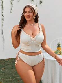 Swim Mod Conjunto de tankini para mujer talla grande, traje de baño con control de barriga, cintura alta y volantes de encaje - Albaricoque - Ver 4