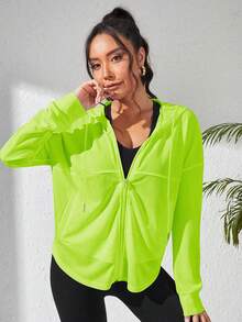 Sovereign Charm Women's Casual Commuter Solid Neon Green Drop Shoulder Loose Zip-Up Drawstring Hooded Sports Jacket - Green - View 3