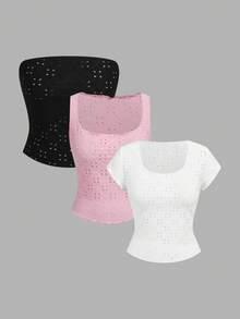 SHEIN EZwear Black Knit Women's U-Neck Short Sleeve Embroidered Breathable Tank Top For Summmer Club Sexsy - Multicolor - View 5