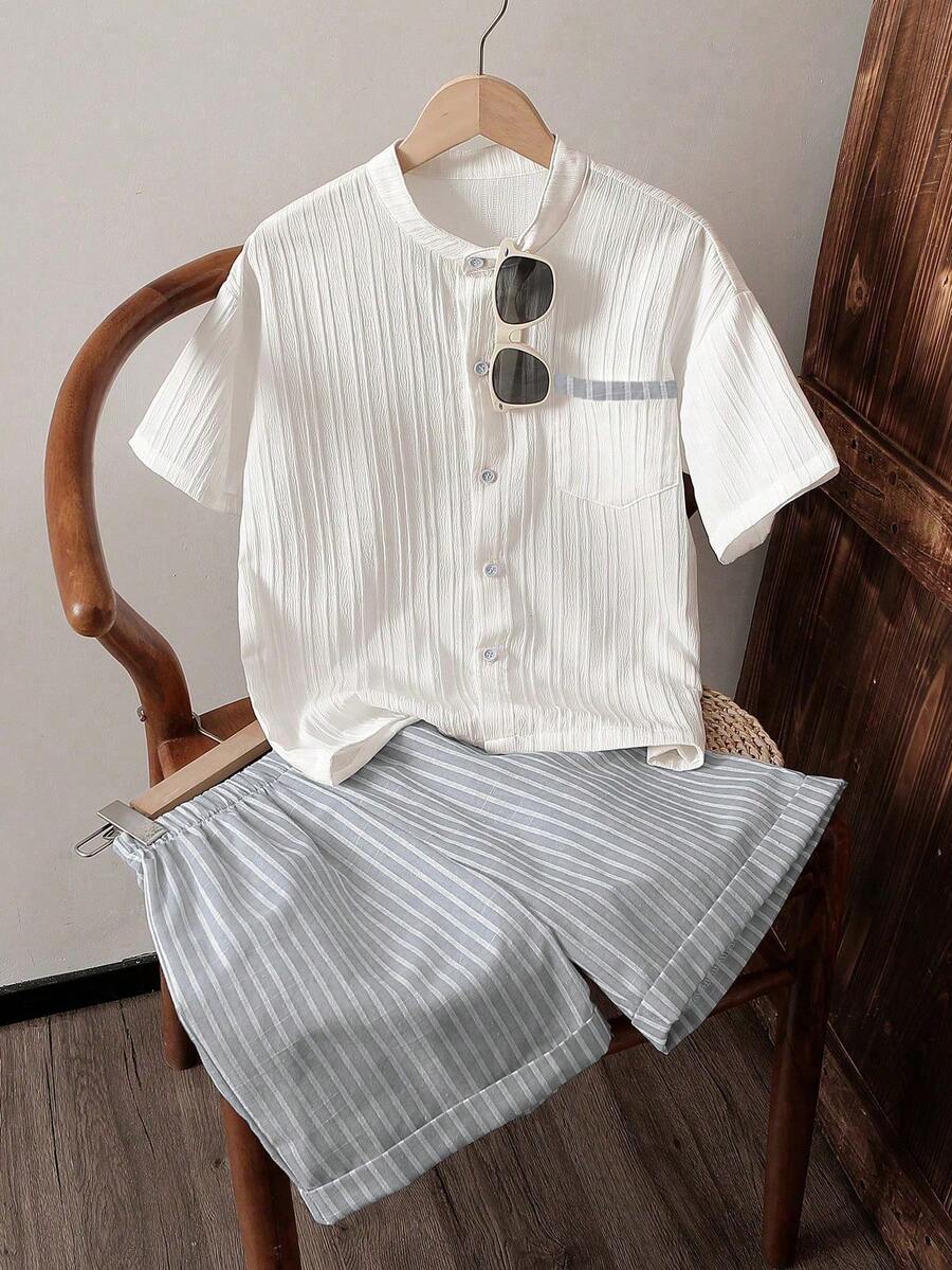 SHEIN 男童通勤休闲条纹立领衬衫和条纹短裤两件套,舒适时尚 - 灰色 - 查看 1