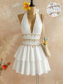 SHEIN Unity Vestido mini con pliegues texturizados, espalda descubierta, cintura fruncida, cuentas y flecos, volantes en el bajo, para mujer, primavera/verano, vacaciones, playa, elegante, dulce, bohemio, versátil - Blanco - Ver 1