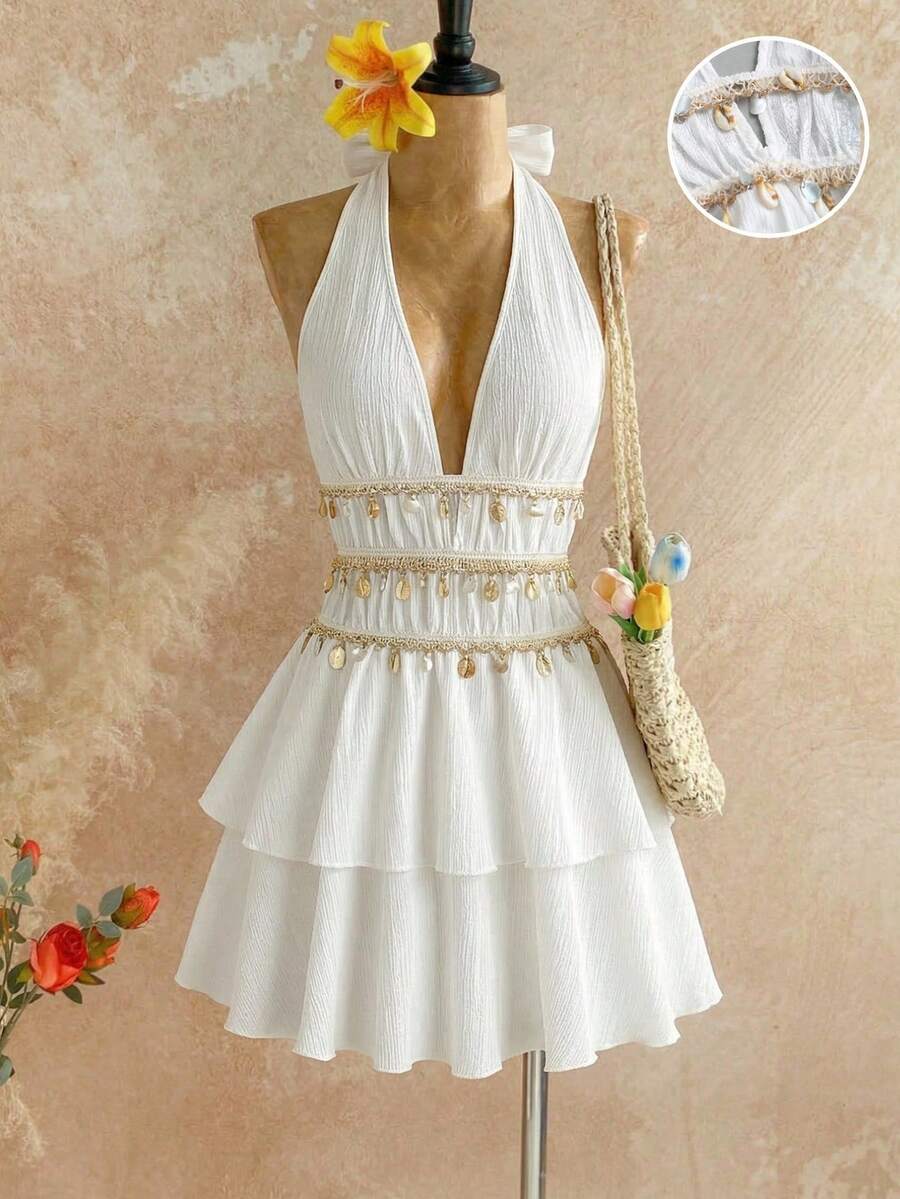 SHEIN Unity Vestido mini con pliegues texturizados, espalda descubierta, cintura fruncida, cuentas y flecos, volantes en el bajo, para mujer, primavera/verano, vacaciones, playa, elegante, dulce, bohemio, versátil - Blanco - Ver 1