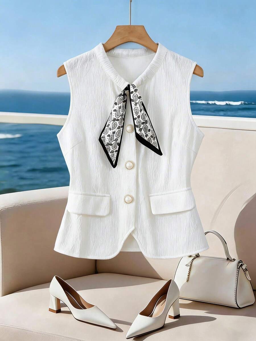 Franclia Women's Textured Fabric Pearl Button Collar Tie Ribbon Elegant Blouse - White - View 1