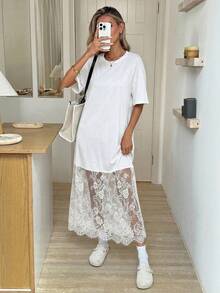 SHEIN LUNE 女士纯色圆领短袖宽松休闲蕾丝T恤连衣裙，时尚百搭，适合外出和通勤，95%棉质，舒适休闲 - 白色 - 查看 4