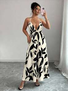 Rafferiza Đầm maxi nữ mùa hè hai dây, màu mơ phối họa tiết lá đen, cổ chữ V sâu, thiết kế thắt eo, chân váy xòe, phong cách nghỉ dưỡng, tôn dáng, đa năng cho công sở và thường ngày, phong cách đường phố gợi cảm. - Nhiều màu - Xem 3