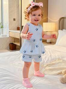 少女蓝色蝴蝶结数码印花无袖上衣和短裤两件套 - 彩色 - 查看 5