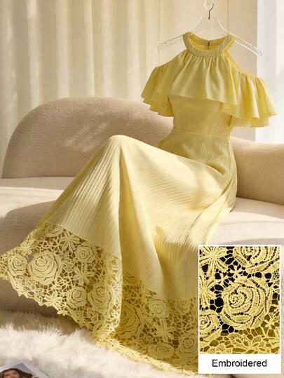 Modelyn Elegant Yellow Ruffle Off-Shoulder Embroidered Patchwork Mid-Length Dress For Women
