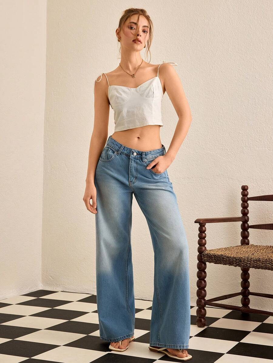 EURMUSE WOMEN WIDE LEG MID WAIST JEANS Wide Leg Jeans Women - Light Wash - View 1