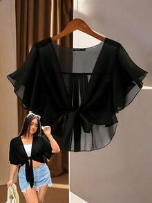 GlowEve CURVE 女士大码简约优雅新款百搭时尚薄雪纺衬衫，外出上衣，夏季度假女装 - 黑色 - 查看 6