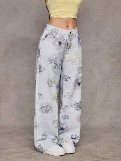 Jeanoix 女士纽扣花卉图案休闲百搭日常水洗牛仔裤