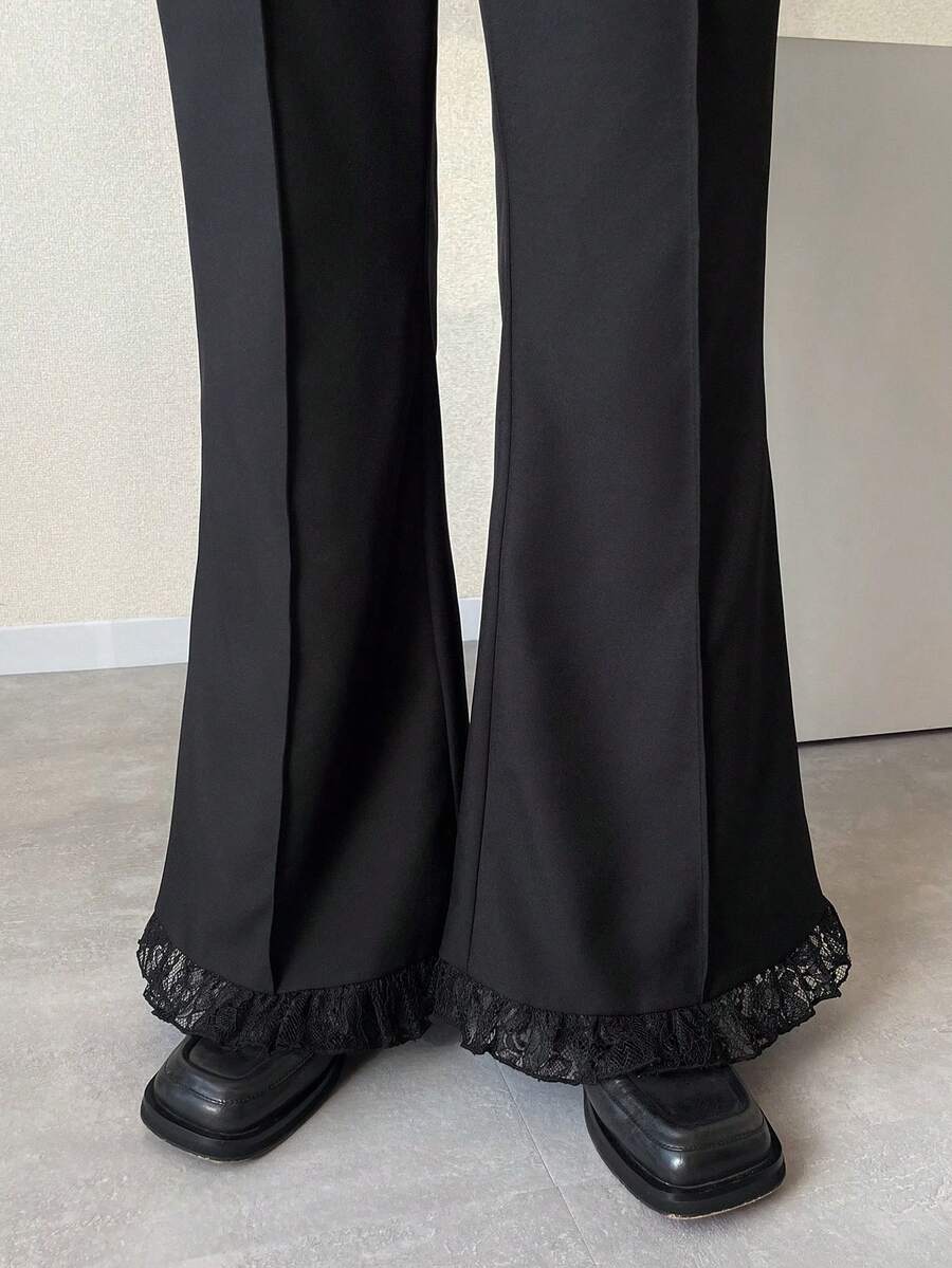 FRIFUL Women's Versatile Solid Color Lace Trim Pants Summer - Black - View 1