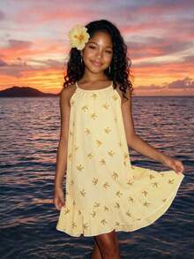 Elladie kids Vestido casual de vacaciones con volantes y estampado de lazos a rayas azules para niñas - Amarillo - Ver 3